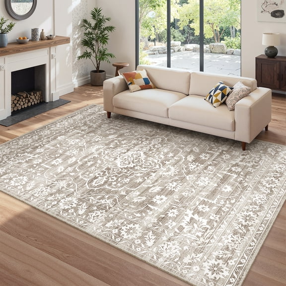 Roxstand 6'x9' Vintage Floral Area Rug, Stain Resistant Washable Non-Slip Low Pile Farmhouse Carpet for Living Room Bedroom, Light Brown