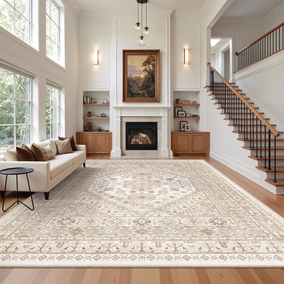 Roxstand 8x10 Area Rugs for Living Room, Vintage Large Area Rug, Non-Slip Backing Washable Rug, Stain Resistant Home Decor Rug (8'x10', Beige)
