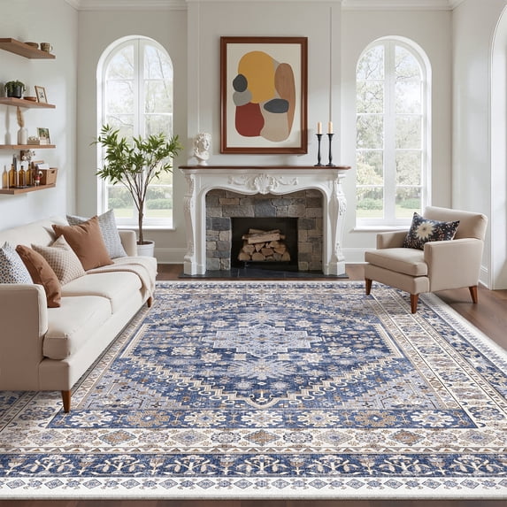 Roxstand 8x10 Area Rugs for Living Room, Vintage Large Area Rug, Non-Slip Backing Washable Rug, Stain Resistant Home Decor Rug (8'x10', Blue)