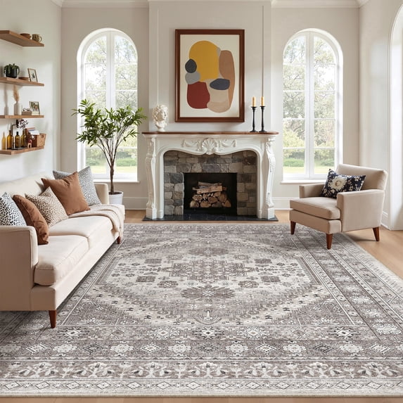 Roxstand 8x10 Area Rugs for Living Room, Vintage Large Area Rug, Non-Slip Backing Washable Rug, Stain Resistant Home Decor Rug (8'x10', Brown)