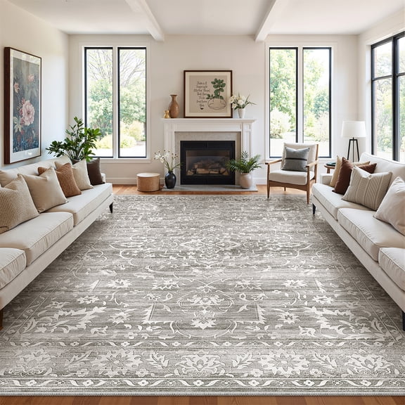 Roxstand 9'x12' Vintage Floral Area Rug, Stain Resistant Washable Non-Slip Low Pile Farmhouse Carpet for Living Room Bedroom, Grey