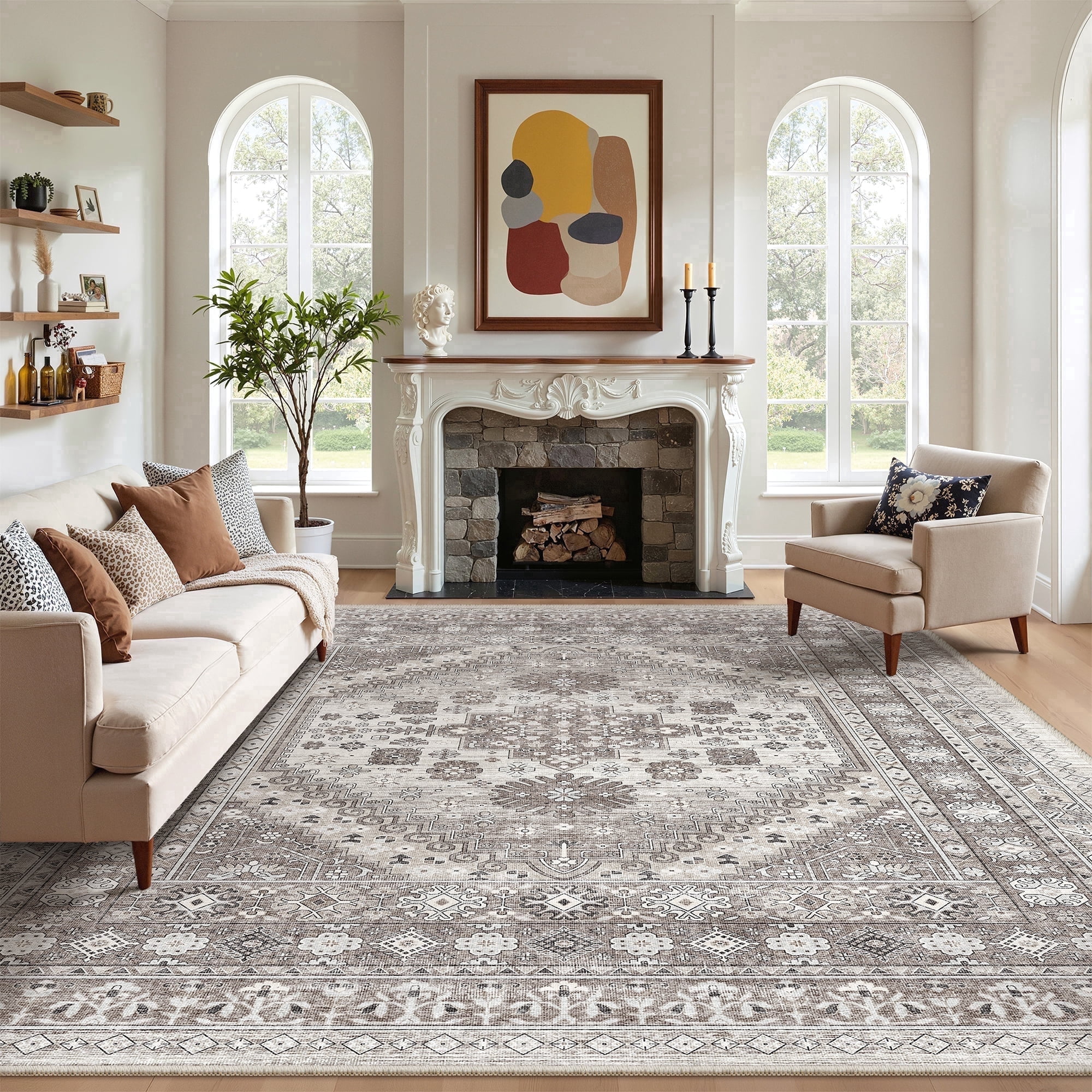 Roxstand 9x12 Area Rugs for Living Room, Vintage Large Area Rug, Non-Slip Backing Washable Rug, Stain Resistant Home Decor Rug (9'x12', Brown)