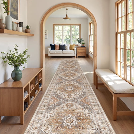Roxstand 2.5'x14' Washable Runner Rug for Hallway Entrance Bedroom Entryway, Vintage Non Slip Stain Resistant Kitchen Rugs, Turmeric