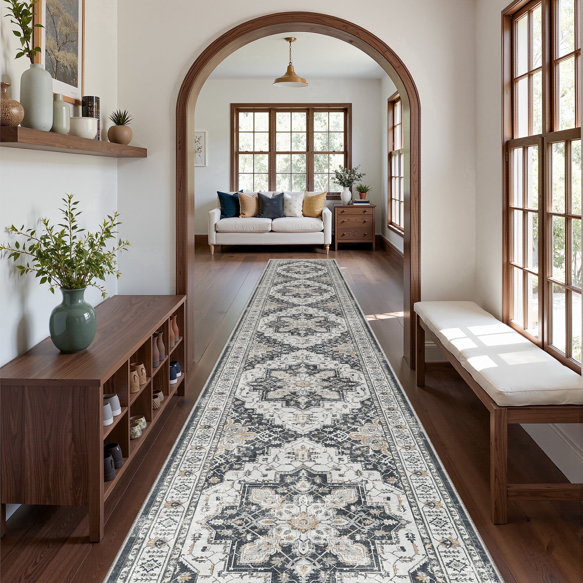 Roxstand 2.5'x16' Washable Runner Rug for Hallway Entrance Bedroom Entryway, Vintage Non Slip Stain Resistant Kitchen Rugs, Black