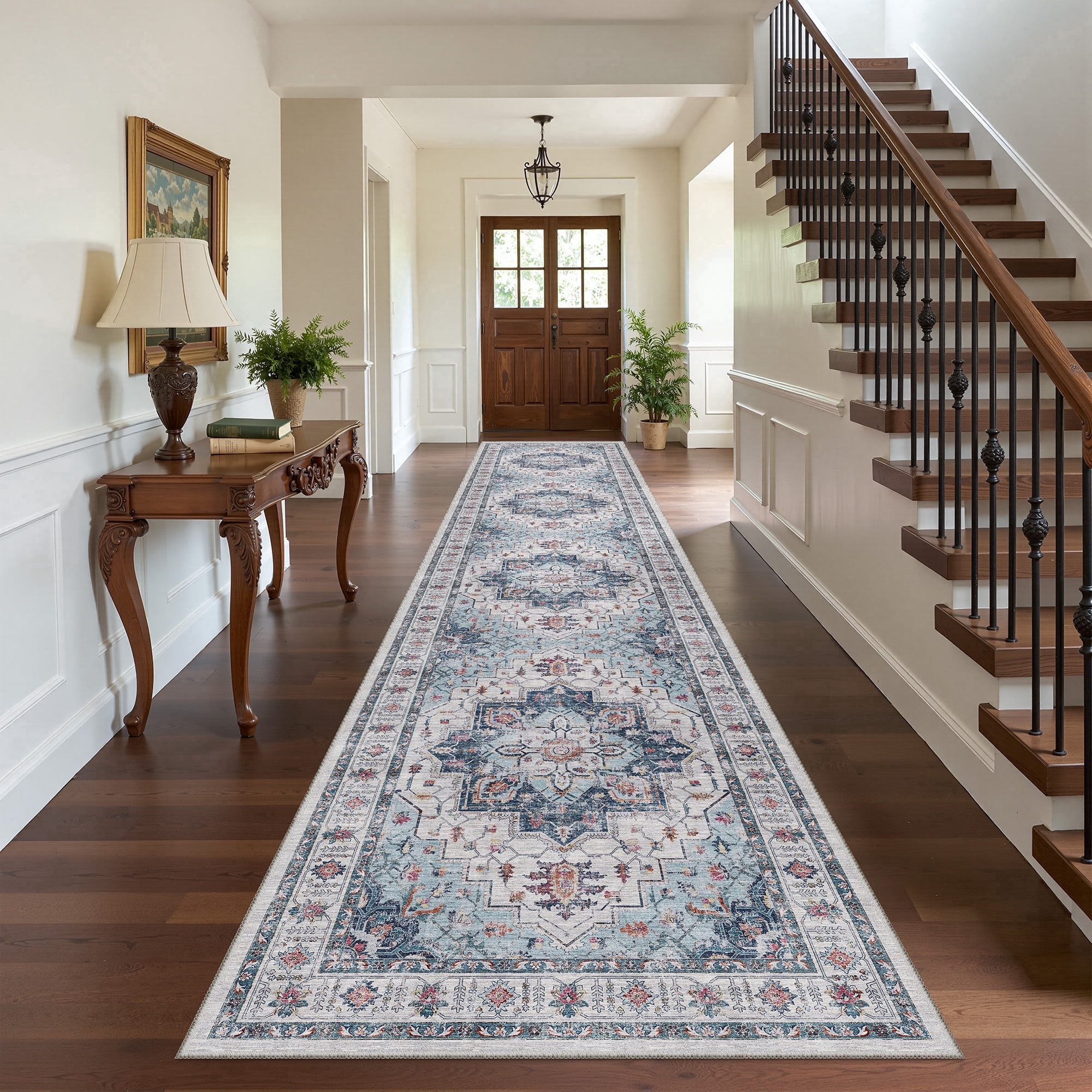 Roxstand 2'x10' Washable Runner Rug for Hallway Entrance Bedroom Entryway, Vintage Non Slip Stain Resistant Kitchen Rugs, Blue