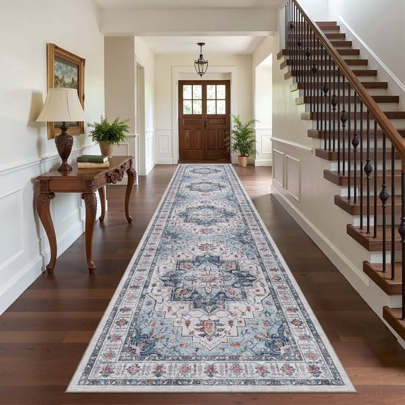 Roxstand 2'x10' Washable Runner Rug for Hallway Entrance Bedroom Entryway, Vintage Non Slip Stain Resistant Kitchen Rugs, Blue