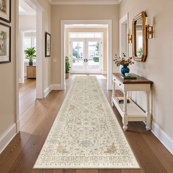 Roxstand 2'x10' Washable Runner Rug for Hallway Entrance Bedroom Entryway, Vintage Non Slip Stain Resistant Kitchen Rugs, Beige