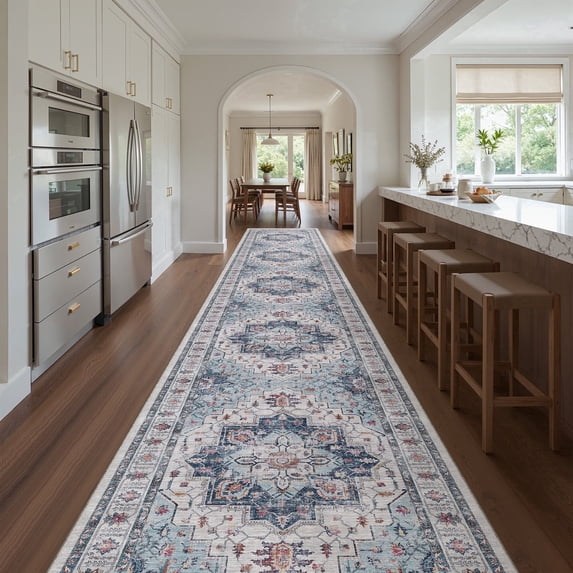 Roxstand 2'x12' Washable Runner Rug for Hallway Entrance Bedroom Entryway, Vintage Non Slip Stain Resistant Kitchen Rugs, Blue