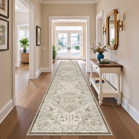Roxstand 2'x12' Washable Runner Rug for Hallway Entrance Bedroom Entryway, Vintage Non Slip Stain Resistant Kitchen Rugs, Ivory