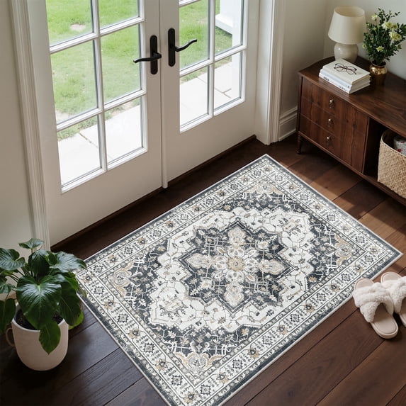 Roxstand 2'x3' Washable Entryway Rug, Vintage Non Slip Stain Resistant Small Accent Throw Kitchen Rugs, Black