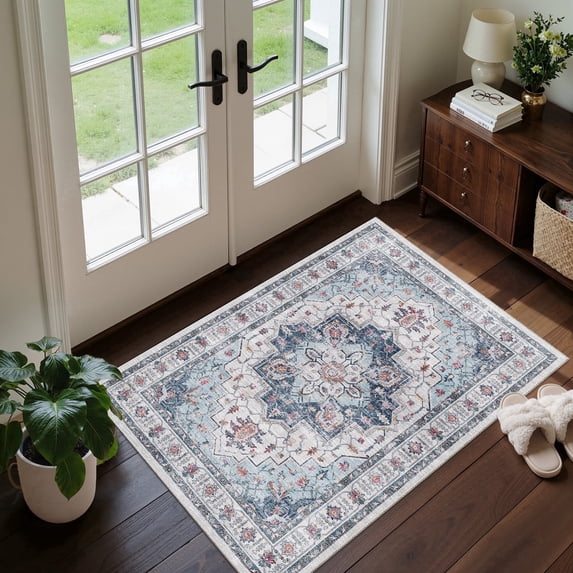 Roxstand 2'x3' Washable Entryway Rug, Vintage Non Slip Stain Resistant Small Accent Throw Kitchen Rugs, Blue