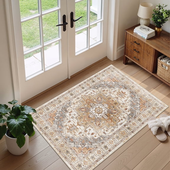 Roxstand 2'x3' Washable Entryway Rug, Vintage Non Slip Stain Resistant Small Accent Throw Kitchen Rugs, Turmeric