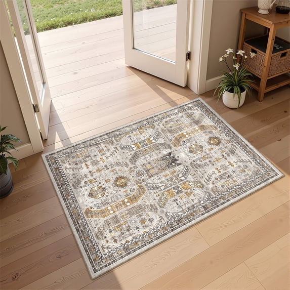 Roxstand 2'x3' Washable Entryway Rug, Vintage Non Slip Stain Resistant Small Accent Throw Kitchen Rugs, Brown