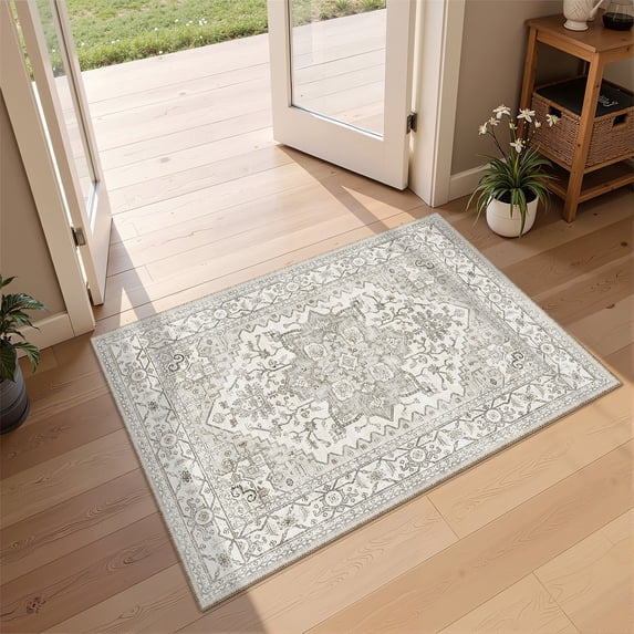 Roxstand 2'x3' Washable Entryway Rug, Vintage Non Slip Stain Resistant Small Accent Throw Kitchen Rugs, Beige
