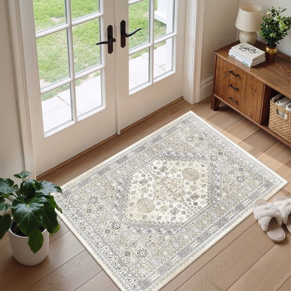 Roxstand 2'x3' Washable Entryway Rug, Vintage Oriental Non Slip Stain Resistant Small Accent Throw Kitchen Rugs, Beige