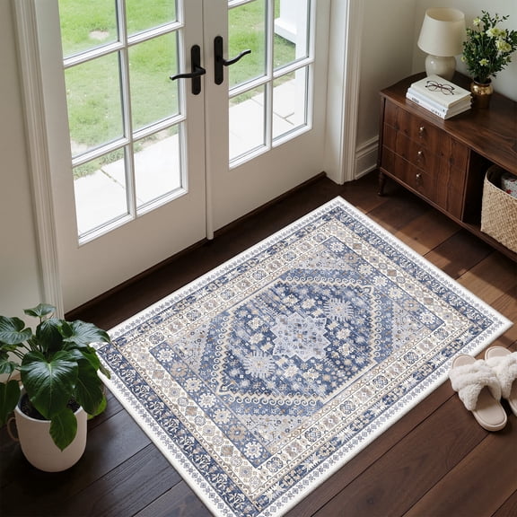 Roxstand 2'x3' Washable Entryway Rug, Vintage Oriental Non Slip Stain Resistant Small Accent Throw Kitchen Rugs, Blue