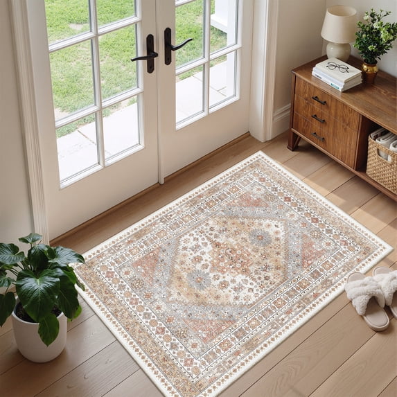 Roxstand 2'x3' Washable Entryway Rug, Vintage Oriental Non Slip Stain Resistant Small Accent Throw Kitchen Rugs, Orange
