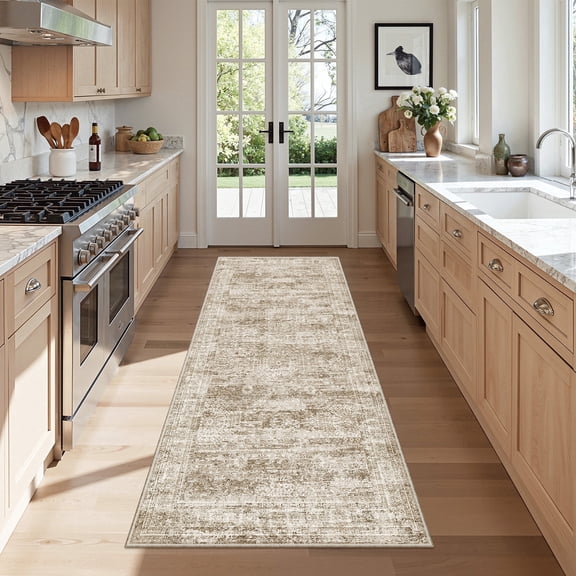Roxstand 2'x5' Washable Runner Rug, Vintage Distressed Hallway Entrance Kitchen Rugs, Non Slip Stain Resistant Farmhouse Rug, Brown