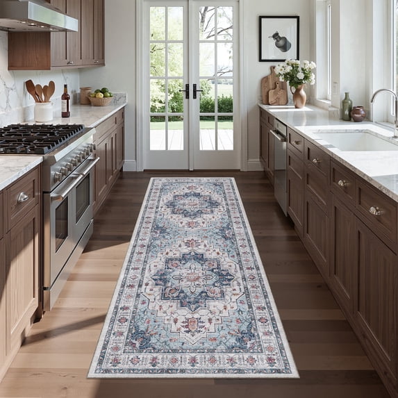 Roxstand 2'x5' Washable Runner Rug for Hallway Entrance Bedroom Entryway, Vintage Non Slip Stain Resistant Kitchen Rugs, Blue