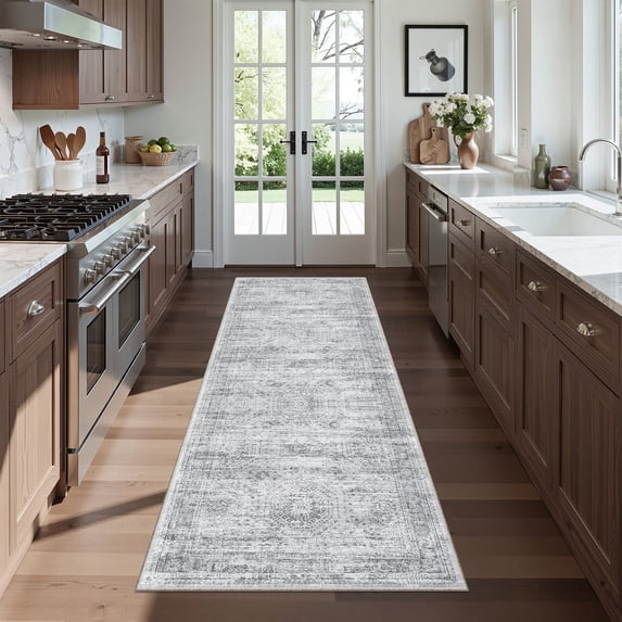 Roxstand 2'x6' Washable Runner Rug, Vintage Distressed Hallway Entrance Kitchen Rugs, Non Slip Stain Resistant Farmhouse Rug, Grey