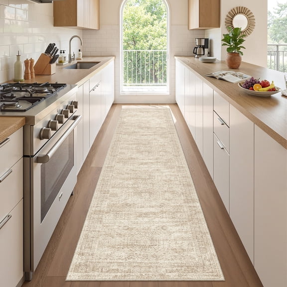 Roxstand 2'x8' Washable Runner Rug, Vintage Distressed Hallway Entrance Kitchen Rugs, Non Slip Stain Resistant Farmhouse Rug, Beige