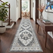 Roxstand 2' x 8' Washable Runner Rug, Vintage Non‑Slip Stain Resistant Rug for Hallway, Entryway, Bedroom, Kitchen, Black