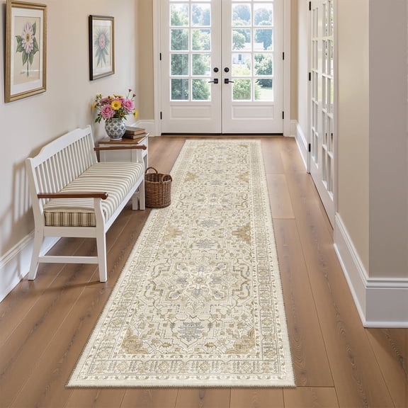 Roxstand 2'x8' Washable Runner Rug for Hallway Entrance Bedroom Entryway, Vintage Non Slip Stain Resistant Kitchen Rugs, Beige