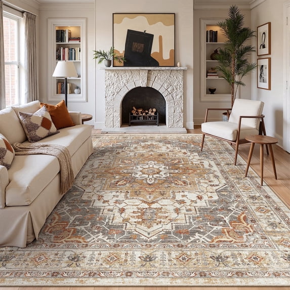 Roxstand Washable Area Rugs 10x14, Stain Resistant Lightweight Vintage Rugs for Living Room, Non Skid Farmhouse Bedroom Rugs(9'x12', Vintage01-Turmeric)