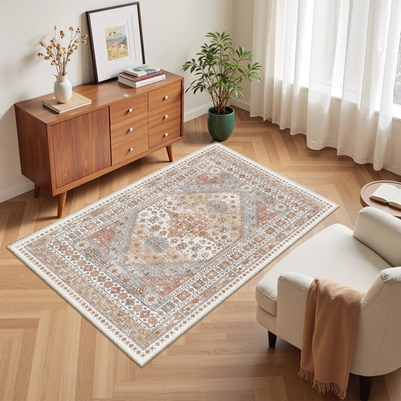 Roxstand Washable Area Rugs 3x5, Stain Resistant Lightweight Vintage Rugs for Living Room, Non Skid Farmhouse Bedroom Rugs(3'x5', Vintage03-Orange)