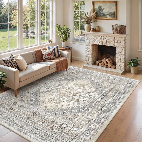 Roxstand 5x7 Area Rugs for Living Room, Vintage Large Area Rug, Non-Slip Backing Washable Rug, Stain Resistant Home Decor Rug (5'x7', BeigeGrey)