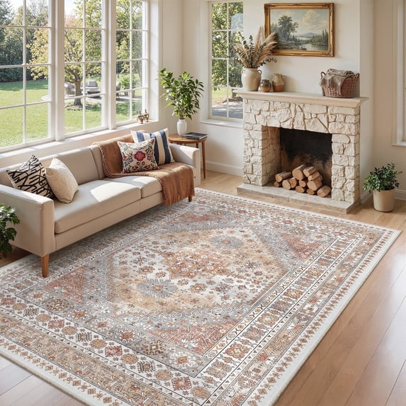 Roxstand Washable Area Rugs 6x9, Stain Resistant Lightweight Vintage Rugs for Living Room, Non Skid Farmhouse Bedroom Rugs(6'x9', Vintage03-Orange)