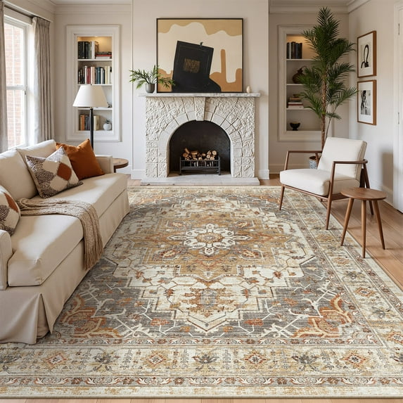 Roxstand Washable Area Rugs 8x10, Stain Resistant Lightweight Vintage Rugs for Living Room, Non Skid Farmhouse Bedroom Rugs(8'x10', Vintage01-Turmeric)