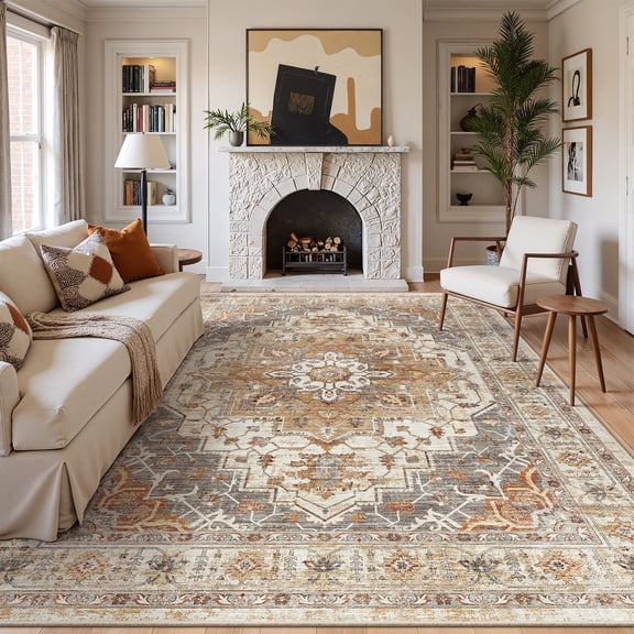 Roxstand Washable Area Rugs 8x10, Stain Resistant Lightweight Vintage Rugs for Living Room, Non Skid Farmhouse Bedroom Rugs(8'x10', Vintage01-Turmeric)