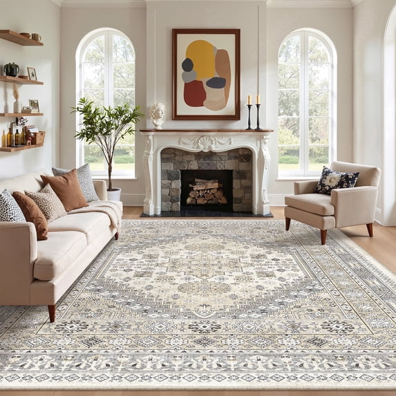 Roxstand 8x10 Area Rugs for Living Room, Vintage Large Area Rug, Non-Slip Backing Washable Rug, Stain Resistant Home Decor Rug (8'x10', BeigeGrey)