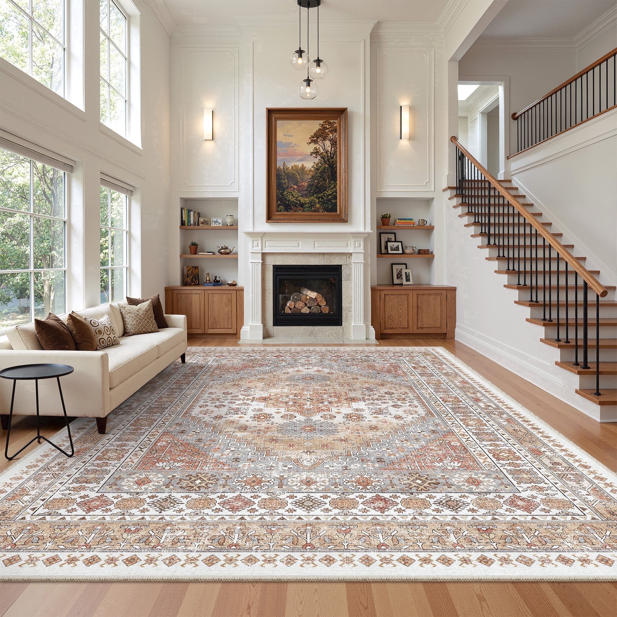 Roxstand Washable Area Rugs 8x10, Stain Resistant Lightweight Vintage Rugs for Living Room, Non Skid Farmhouse Bedroom Rugs(8'x10', Vintage03-Orange)