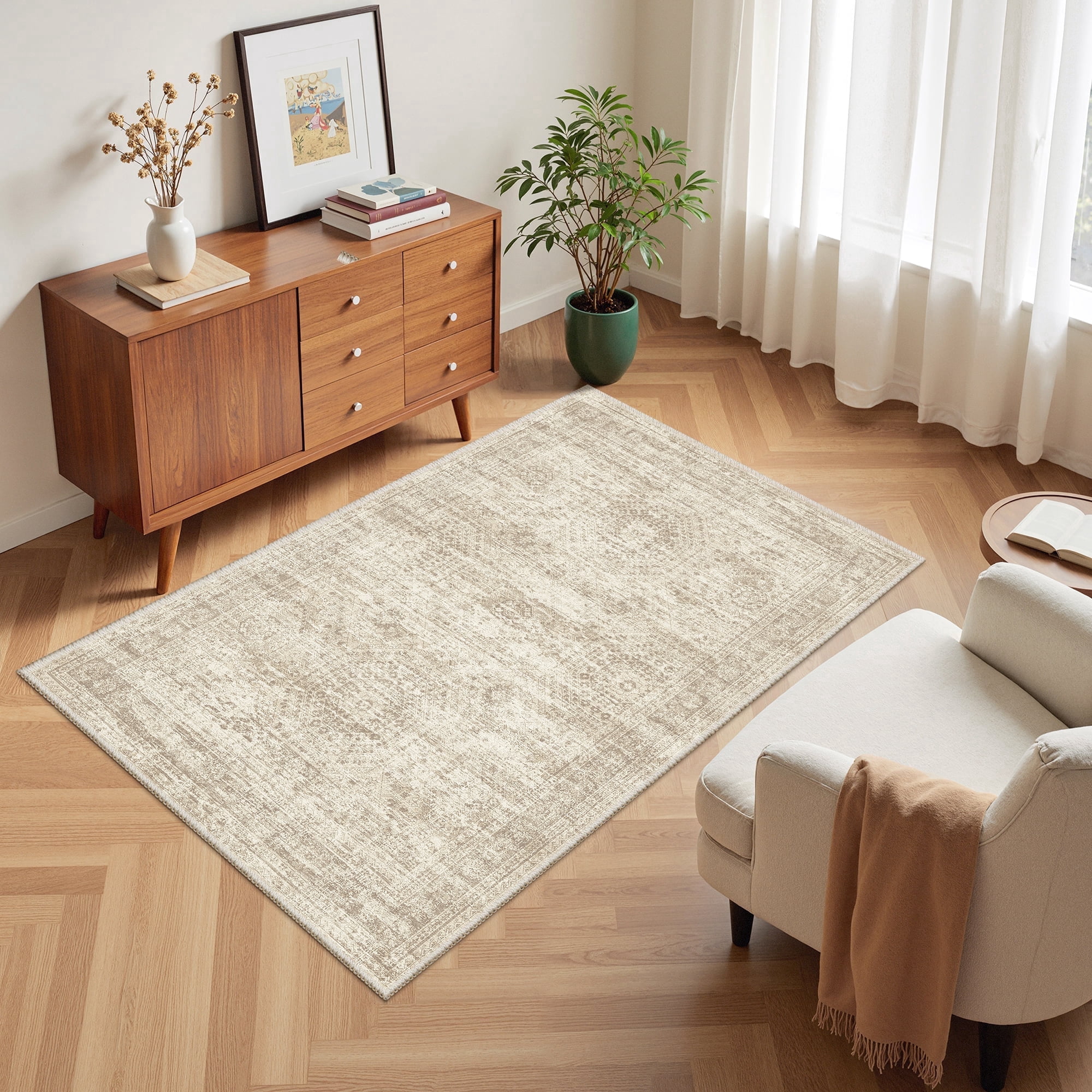 Roxstand Washable Rugs 3x5, Vintage Distressed Small Area Rugs for Kitchen Floor Entryway, Non Slip Accent Door Mat (3'x5', Beige)