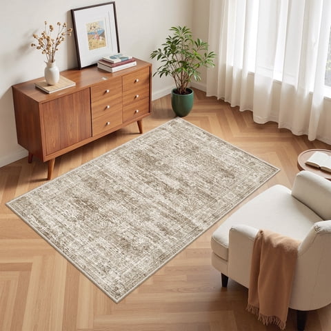 Roxstand Washable Rugs 3x5, Vintage Distressed Small Area Rugs for Kitchen Floor Entryway, Non Slip Accent Door Mat (3'x5', Brown)