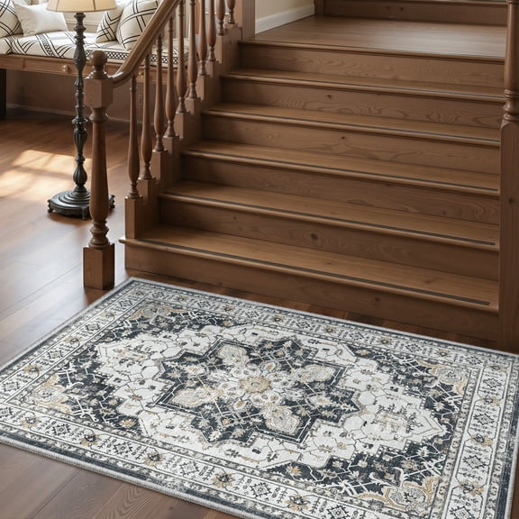 Roxstand 2x3 Washable Accent Rug, Black Vintage Distressed Non Slip for Kitchen, Hallway & Entryway