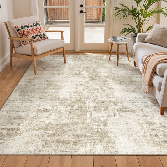 Roxstand Washable Rugs 6x9, Abstract Distressed Area Rugs for Living Room, Non Slip Accent Bedroom Rug (6'x9', Beige)