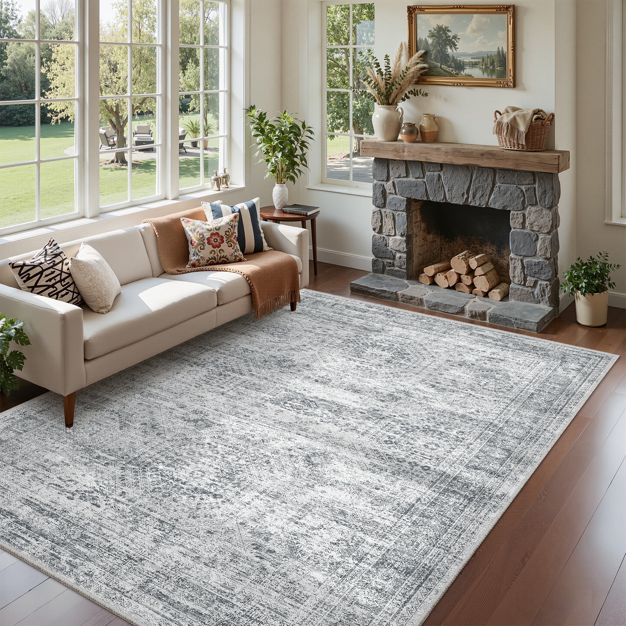 Roxstand Washable Rugs 6x9, Vintage Distressed Area Rugs for Living Room, Non Slip Accent Bedroom Rug (6'x9', Grey)