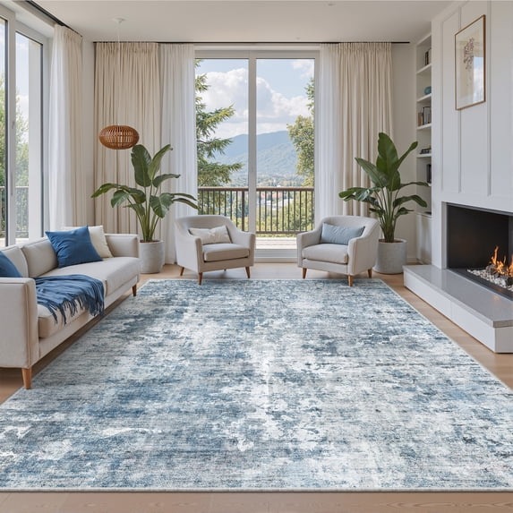 Roxstand Washable Rugs 8x10, Abstract Distressed Area Rugs for Living Room, Non Slip Accent Bedroom Rug (8'x10', Blue)