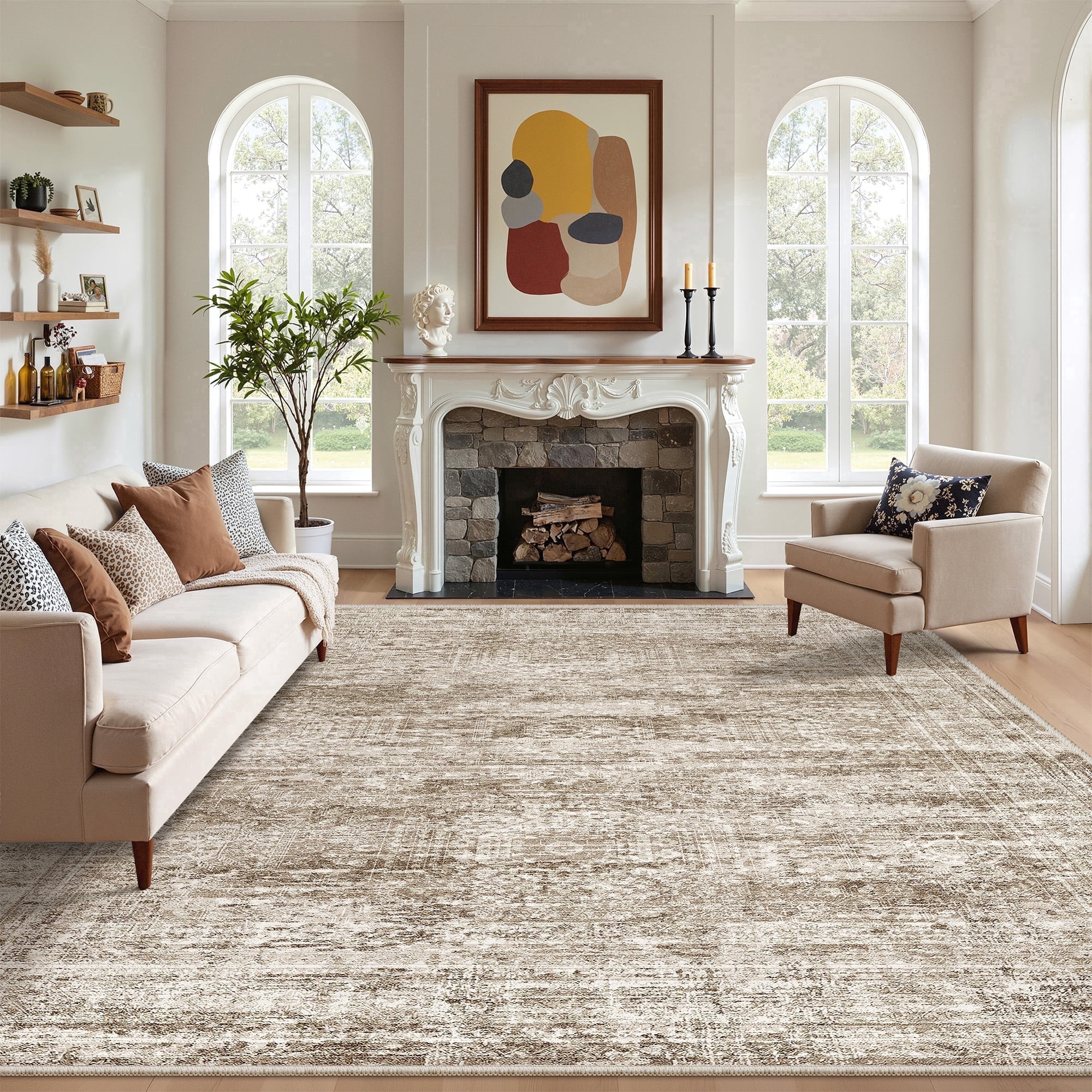 Roxstand Washable Rugs 8x10, Vintage Distressed Area Rugs for Living Room, Non Slip Accent Bedroom Rug (8'x10', Brown)