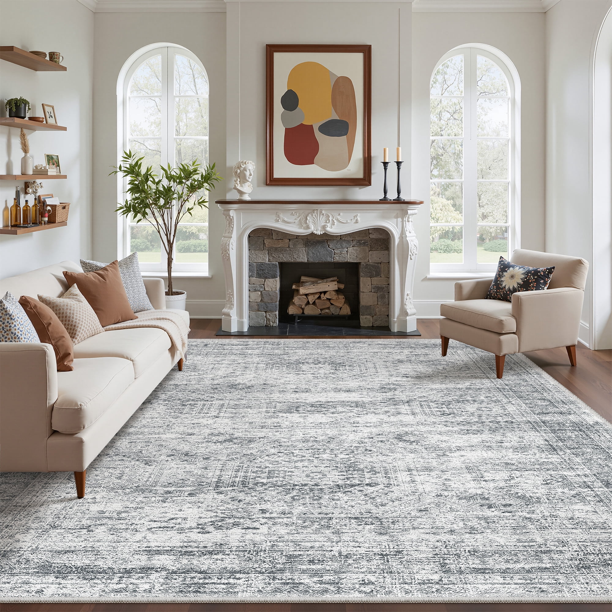 Roxstand Washable Rugs 8x10, Vintage Distressed Area Rugs for Living Room, Non Slip Accent Bedroom Rug (8'x10', Grey)
