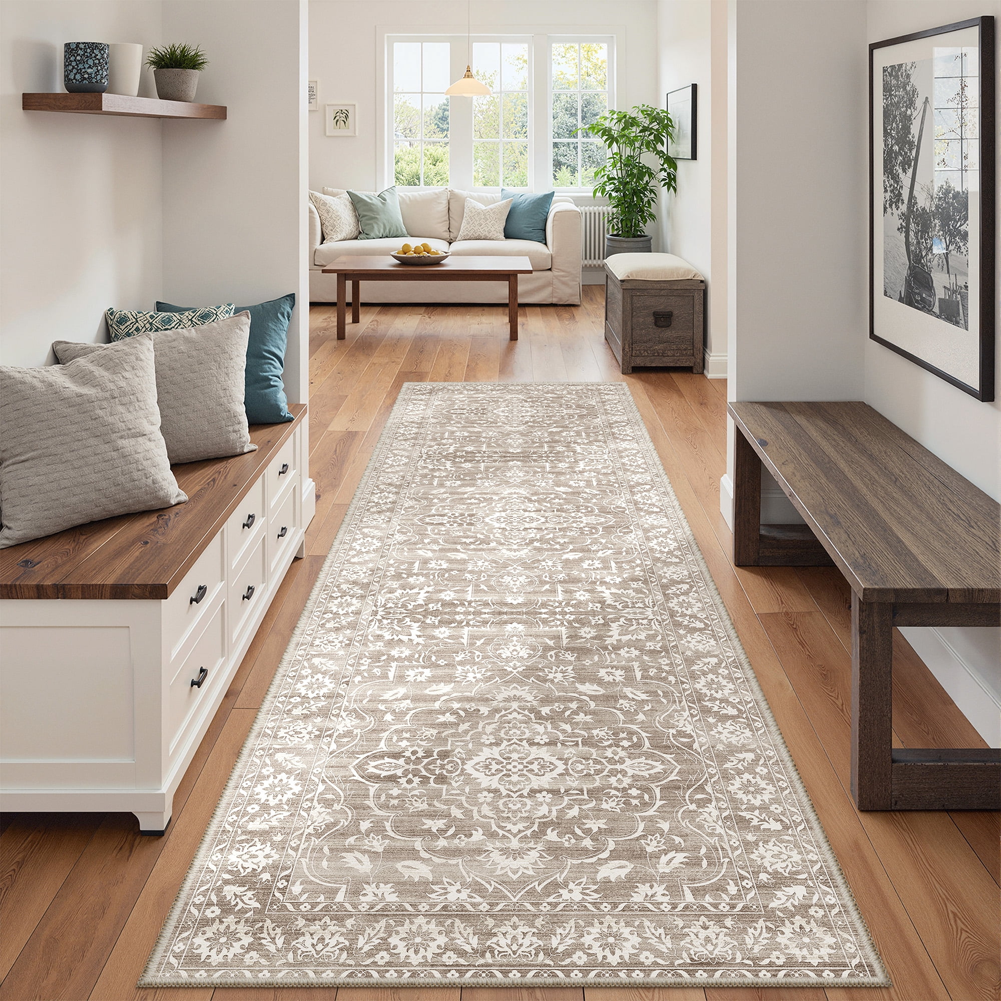Roxstand Washable Runner Rug 2'6x8, Stain Resistant Floral Vintange Kitchen Rugs, Non-Slip Thin Hallway Runner Rug for Entryway Laundry(2'6x8', Brown)