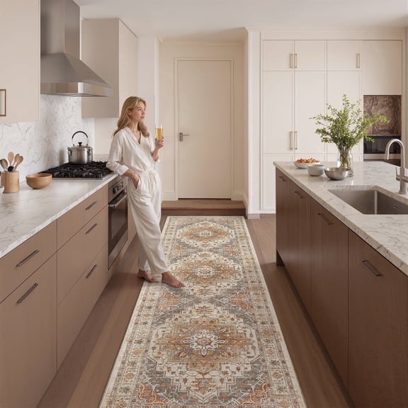 Roxstand Washable Runner Rug 2'6x8, Stain Resistant Lightweight Hallway Floor Rugs, Non Skid Kitchen Rugs(3'x5', Vintage01-Turmeric)