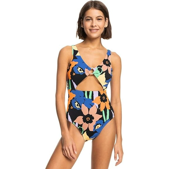Roxy ANTHRACITE FLOWER JAMMIN V-Neck Cutout One-Piece Swimsuit, US 2X-Large