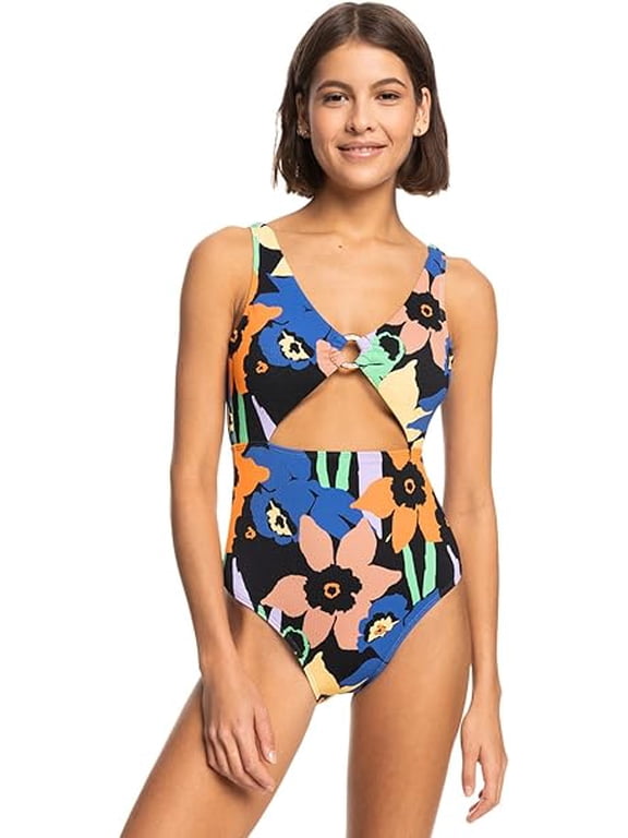 ANTHRACITE FLOWER JAMMIN V-Neck Cutout One-Piece Swimsuit, US 2X-Large