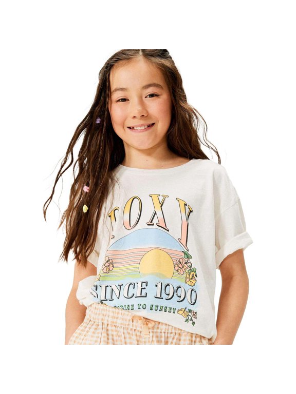 Girls Kids Youth T-Shirt 5-12 Sunrise To Sunset Oversized Boyfriend Fit Tee (5, Snow White (Off White))