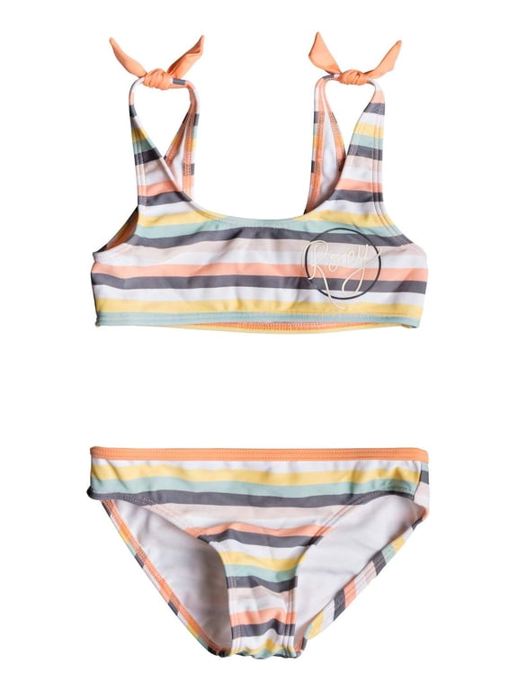 Girls' Lets Go Surfing Athletic Swimsuit Set, Salmon Candy Stripes, 2