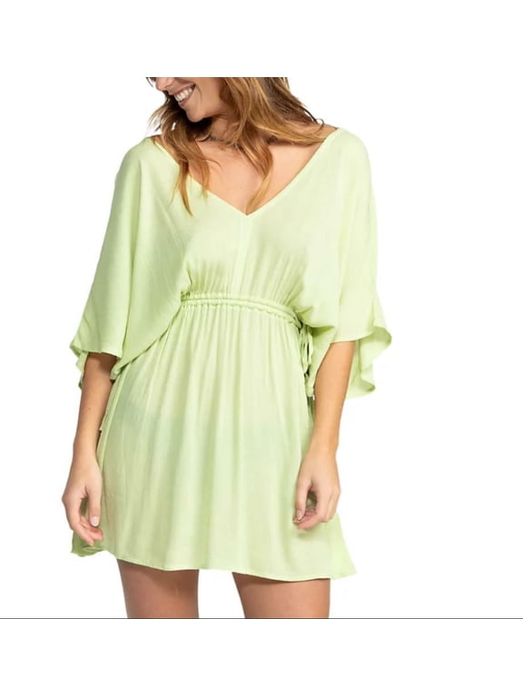 Roxy Green Sun Baby Textured Drawstring-Waist Cover-Up Dress L